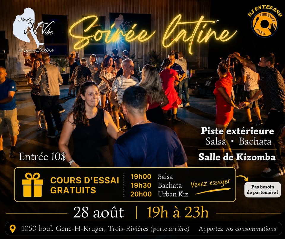 Soirée latine extérieure et cours d'essais gratuits - Studio NVibe Danse latine à Trois-Rivières