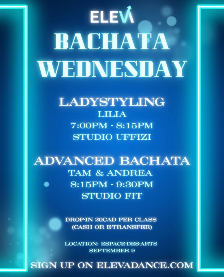 Mercredi Bachata : Styling pour les cavalières (19h00) & Travail en couple avancé (20h15)