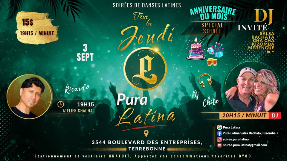 Pura Latina Anniversaire du mois - Jeudi 3 Sept - Atelier Chacha Ricardo - Dj Invité SKB+ Chile