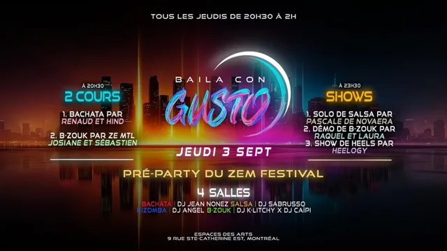 Baila Con Gusto MTL 💜 3 SEPT (PRÉ-PARTY DU ZEM FESTIVAL)