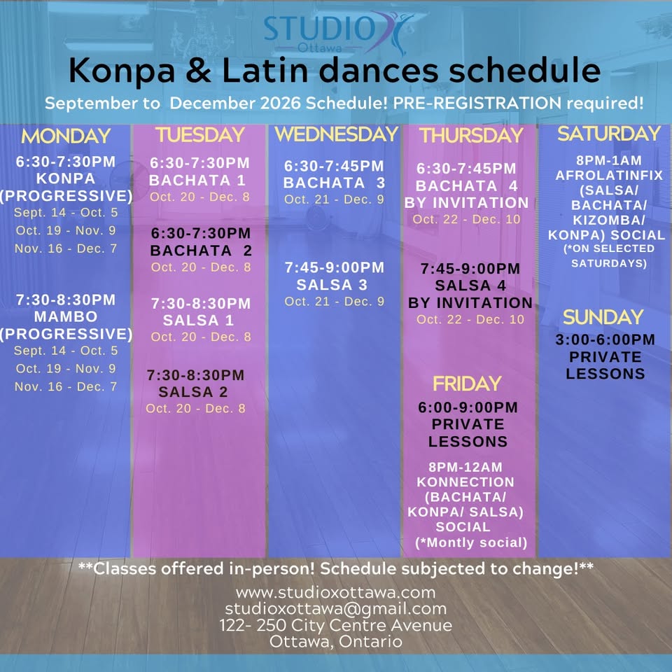 Sesiones de Bachata, Mambo, Salsa y Konpa: Sept–Dic 2026 en Studio X Ottawa
