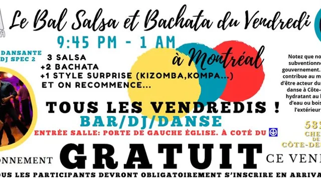 Soirée GRATUITE SALSA BACHATA et + 💃 Piste de danse🕺 🎶 DJ 🎧 Vendredi 🌴Montréal Centre