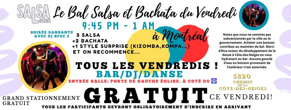GRATUIT! SALSA BACHATA et +💃 Soirée Dansante🕺 Party 🎶 DJ 🎧 Vendredi Côte-des-Neiges MONTRÉAL