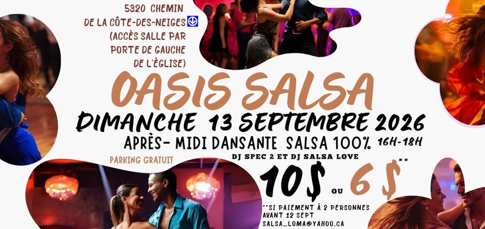 OASIS SALSA - Dansez pour moins de 10$🌴 Dimanche 13 Septembre 2026 💃 SOCIAL SALSA 100 %